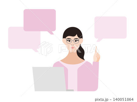 パソコンを前に説明をする女性と吹き出しのベクターイラスト素材 パソコンを前に説明をする女性と吹き出しのベクターイラスト素材 140051864