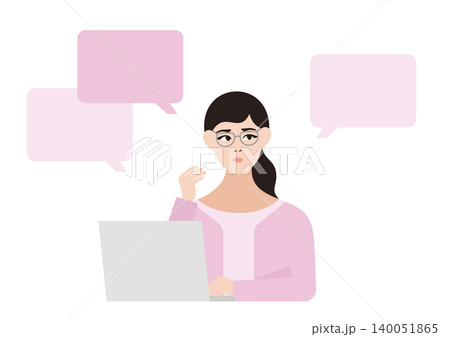 パソコンを前に悩む女性と吹き出しのベクターイラスト素材 パソコンを前に悩む女性と吹き出しのベクターイラスト素材 140051865