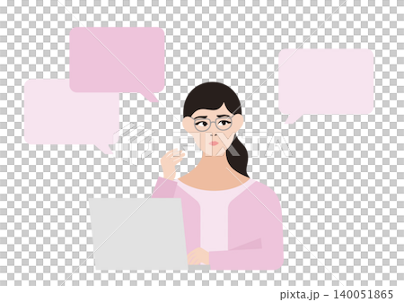パソコンを前に悩む女性と吹き出しのベクターイラスト素材 パソコンを前に悩む女性と吹き出しのベクターイラスト素材 140051865