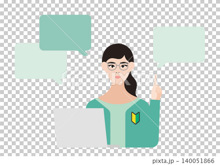 パソコンを前に説明をする女性と吹き出しのベクターイラスト素材(初心者) パソコンを前に説明をする女性と吹き出しのベクターイラスト素材(初心者) 140051866