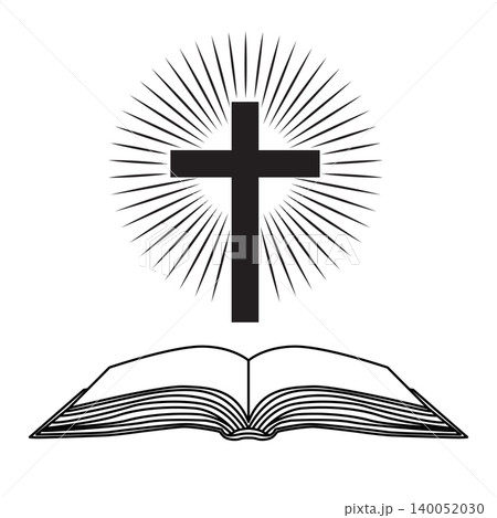 Christian Cross with Sunburst and Open Bible Icon Christian Cross with Sunburst and Open Bible Icon 140052030