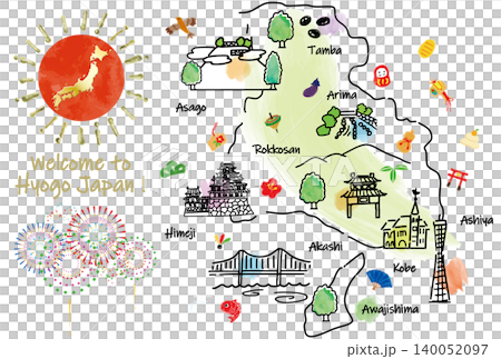 手描きの兵庫県の観光地のシンプル線画イラストマップ 手描きの兵庫県の観光地のシンプル線画イラストマップ 140052097