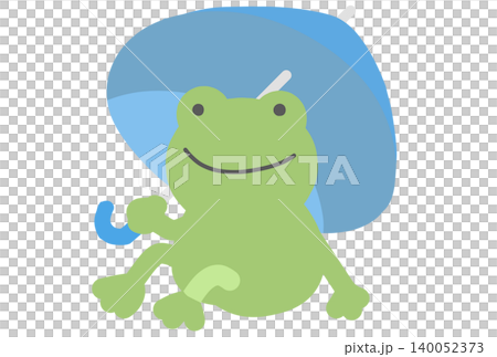 A frog sitting with a light blue umbrella. A frog sitting with a light blue umbrella. 140052373