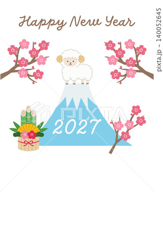 2027年未年の年賀状テンプレート。羊、かわいい、縁起物、ベクター、富士山 140052645