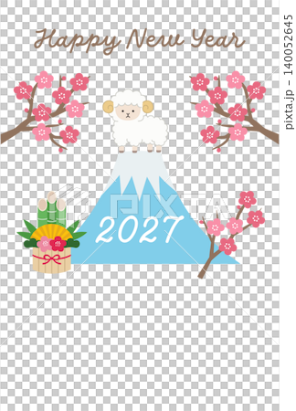 2027年未年の年賀状テンプレート。羊、かわいい、縁起物、ベクター、富士山 140052645