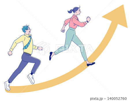 上向きの矢印と走る若い社会人男女 上向きの矢印と走る若い社会人男女 140052760