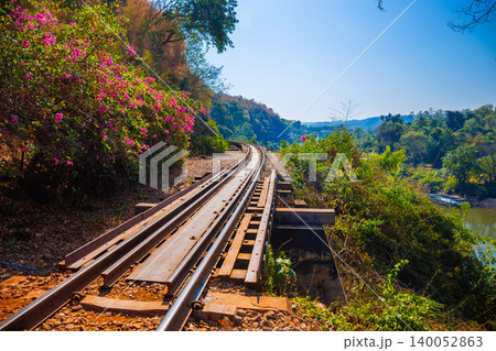 The Death Railway crossing kwai river with Krasae Cave in Kanchanaburi Thailand. Important landmark and destination to visiting and world war II history builted 140052863