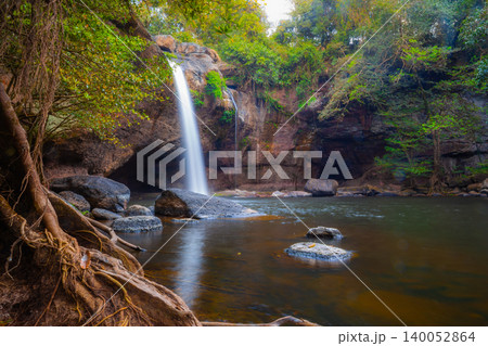 Amazing Haew Suwat Waterfall in the deep forest at Khao Yai National Park, Pak Chong, Thailand. Copy space background 140052864