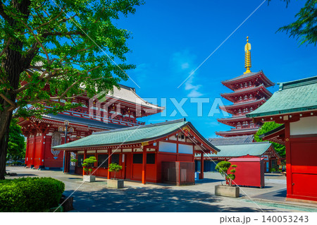 Sensoji Temple in morning, symbolized by large red lanterns and 5-story pagoda with light, are a popular destination. Sensoji Temple in morning, symbolized by large red lanterns and 5-story pagoda with light, are a popular destination. 140053243