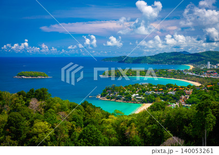 Beautiful turquoise ocean waves with boats and coastline from high view point. Kata and Karon beaches Phuket Thailand Beautiful turquoise ocean waves with boats and coastline from high view point. Kata and Karon beaches Phuket Thailand 140053261
