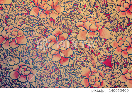 Watercolor flowers pattern on the wall serve as the background. Copy space 140053409