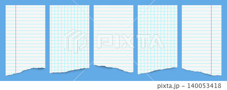Set of torn notebook pages with lined, grid and blank paper layouts, margins, portrait templates and planner sheets for school, journaling, collage and stationery design. 140053418