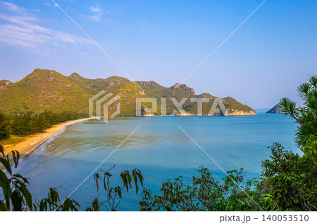 Panorama landscape of tropical island beach with mountain and blue sky background at Prachuap Khiri Khan Thailand. View point Panorama landscape of tropical island beach with mountain and blue sky background at Prachuap Khiri Khan Thailand. View point 140053510