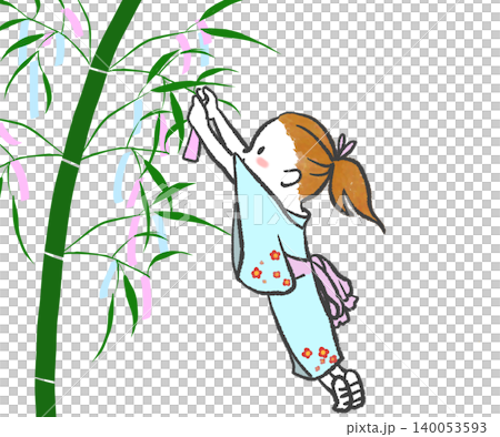 七夕節,一位女孩將許願紙條綁在竹枝上。 七夕節,一位女孩將許願紙條綁在竹枝上。 140053593