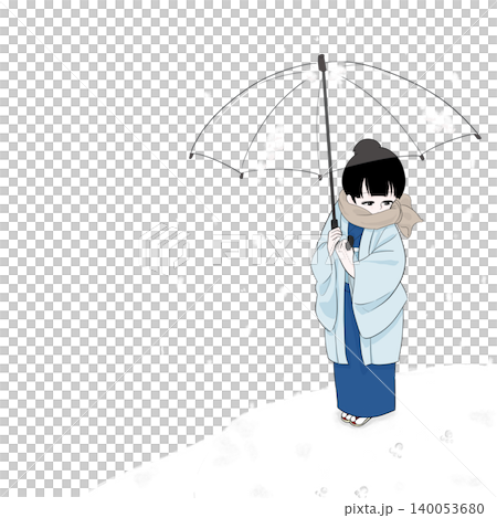 A woman in a kimono overlooking a snowy landscape; overhead view. A woman in a kimono overlooking a snowy landscape; overhead view. 140053680