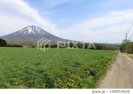 五月の北海道、ニセコ、倶知安、蝦夷富士、羊蹄山、ようてい、残雪残る羊蹄山、青空に映える北海道の雄 五月の北海道、ニセコ、倶知安、蝦夷富士、羊蹄山、ようてい、残雪残る羊蹄山、青空に映える北海道の雄 140054026