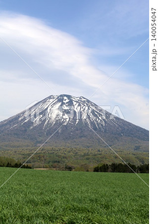 五月の北海道、ニセコ、倶知安、蝦夷富士、羊蹄山、ようてい、残雪残る羊蹄山、青空に映える北海道の雄 140054047