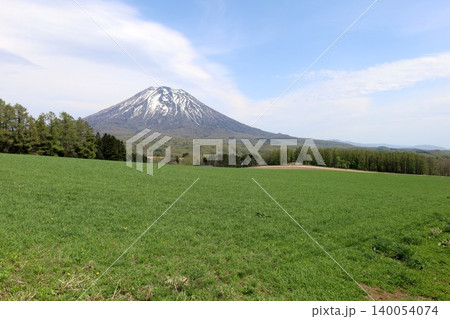 五月の北海道、ニセコ、倶知安、蝦夷富士、羊蹄山、ようてい、残雪残る羊蹄山、青空に映える北海道の雄 140054074