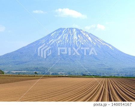 五月の北海道、ニセコ、倶知安、蝦夷富士、羊蹄山、ようてい、残雪残る羊蹄山、青空に映える北海道の雄 140054167