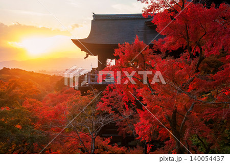 people on Kiyomizudera temple terrace to view fall leaf at sunset, Kyoto people on Kiyomizudera temple terrace to view fall leaf at sunset, Kyoto 140054437