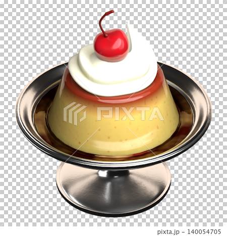 A 3D rendering of a pudding with cream and a cherry, served in a silver dessert cup with a base. A 3D rendering of a pudding with cream and a cherry, served in a silver dessert cup with a base. 140054705
