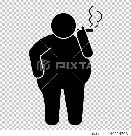 肥胖者吸菸的剪影;代表不健康生活方式和肥胖的圖示。 肥胖者吸菸的剪影;代表不健康生活方式和肥胖的圖示。 140054708