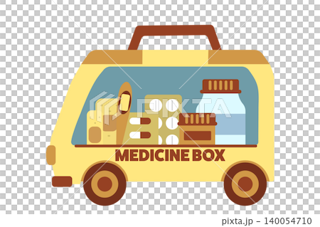 一張救護車形狀的急救箱插圖,可以看到裡面的物品。 一張救護車形狀的急救箱插圖,可以看到裡面的物品。 140054710