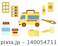 おもちゃ風の救急車型救急箱と医療グッズのイラストセット 140054711