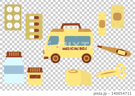一組插圖，描繪了一個玩具救護車形狀的急救箱和醫療用品。 140054711