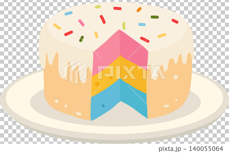 colorful layered Birthday cake slice with colorful layers icing and sprinkles on plate colorful layered Birthday cake slice with colorful layers icing and sprinkles on plate 140055064