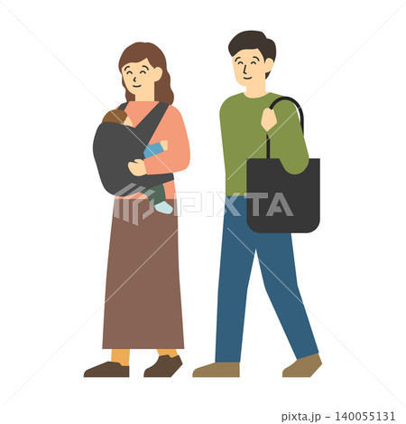 フラットイラスト:抱っこされる赤ちゃんと若い夫婦 フラットイラスト:抱っこされる赤ちゃんと若い夫婦 140055131