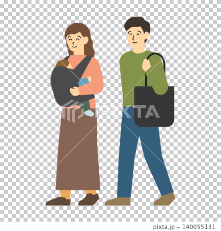 フラットイラスト:抱っこされる赤ちゃんと若い夫婦 フラットイラスト:抱っこされる赤ちゃんと若い夫婦 140055131
