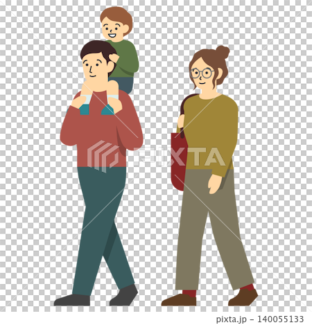 フラットイラスト:肩車をする父親と歩く母親 フラットイラスト:肩車をする父親と歩く母親 140055133