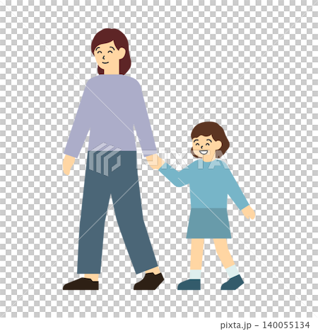 フラットイラスト：手を繋いで歩く母親と娘 140055134