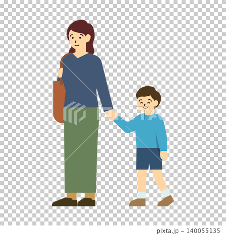 フラットイラスト：手を繋いで歩く母親と息子 140055135