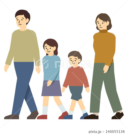 フラットイラスト：歩く若い夫婦とその子供たち 140055136