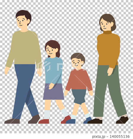 フラットイラスト：歩く若い夫婦とその子供たち 140055136