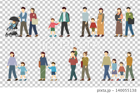 フラットイラスト:歩く子供がいる家族セット フラットイラスト:歩く子供がいる家族セット 140055138
