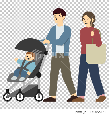 平面插畫:一對年輕夫婦推著嬰兒車 平面插畫:一對年輕夫婦推著嬰兒車 140055140