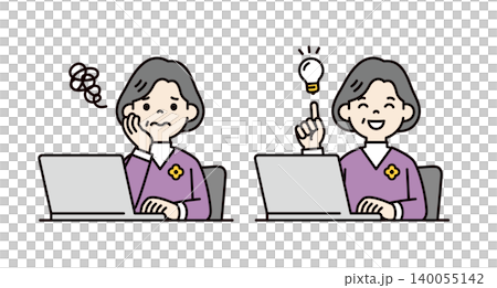 A set of vector illustrations depicting the upper body of a senior woman/grandmother operating a computer to resolve a problem. A set of vector illustrations depicting the upper body of a senior woman/grandmother operating a computer to resolve a problem. 140055142