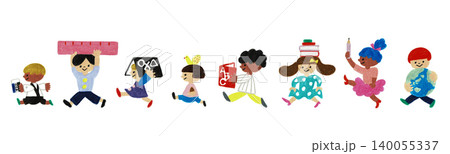 多様性 コミュニティ 手描きイラスト 文房具や地球儀を持つ子どもたちの列 多様性 コミュニティ 手描きイラスト 文房具や地球儀を持つ子どもたちの列 140055337