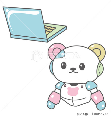 AIチャットをサポートするかわいいクマ型ロボットのイラスト ノートパソコンとテクノロジーのイメージ素 140055742