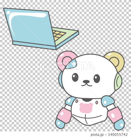AIチャットをサポートするかわいいクマ型ロボットのイラスト ノートパソコンとテクノロジーのイメージ素 140055742