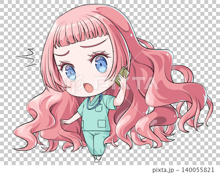 A pink-haired medical intern making a phone call on her smartphone. A chibi-style character in the style of Japanese anime. A shocked girl. 140055821