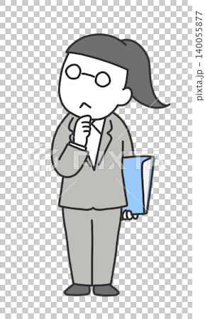 一位身穿西裝的女士，手裡拿著文件，一手托著下巴，陷入沉思。 140055877