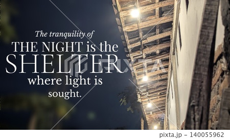 The tranquility of night is the shelter where light is sought beneath a rustic wooden eave lit by string lights creating a peaceful, introspective mood. The tranquility of night is the shelter where light is sought beneath a rustic wooden eave lit by string lights creating a peaceful, introspective mood. 140055962