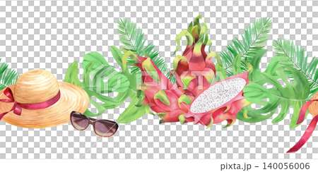 Border of the straw hat with the pin ribbon, sunglasses, pitahaya, palm and monstera leaves. Watercolor illustration. For packaging design, cards, cover, prints, product labels and fabric Border of the straw hat with the pin ribbon, sunglasses, pitahaya, palm and monstera leaves. Watercolor illustration. For packaging design, cards, cover, prints, product labels and fabric 140056006