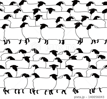 羊のサフォークの群れ、行列のモノクロイラスト。 羊のサフォークの群れ、行列のモノクロイラスト。 140056043
