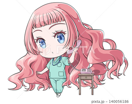 受話器を持って話すピンク髪の研修医。日本のアニメ風のちびキャラ。電話をかける少女 受話器を持って話すピンク髪の研修医。日本のアニメ風のちびキャラ。電話をかける少女 140056186