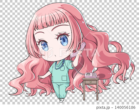 受話器を持って話すピンク髪の研修医。日本のアニメ風のちびキャラ。電話をかける少女 受話器を持って話すピンク髪の研修医。日本のアニメ風のちびキャラ。電話をかける少女 140056186